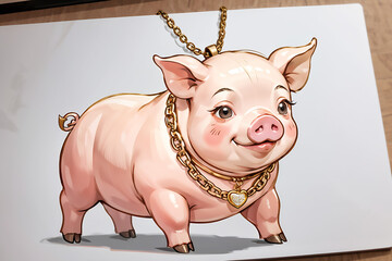 Draw me a pig wearing a gold necklace.