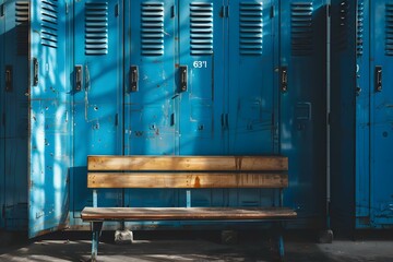 Blue metal lockers with wooden bench some doors open some closed. Concept Furniture Design, Locker Room, Interior Design, Industrial Style, Storage Solutions