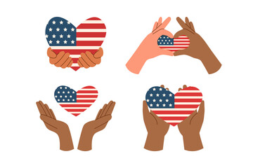 Set of hands holding american flag in the shape of heart. Memorial day and Independence day concept. Vector flat illustration.