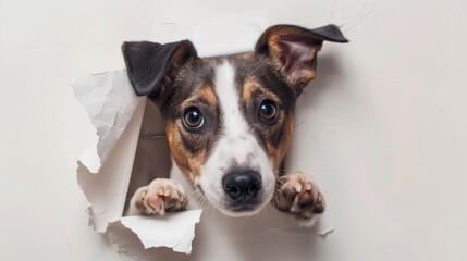 Cute dog with big eyes peeking through a torn white paper, looking curiously at the camera.