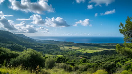 Obraz premium Breathtaking Coastal Landscape with Green Hills and Blue Sea