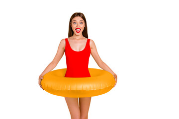 I can't swim! Somebody teach me! Travel tourist breast bra chest people one person concept. Photo portrait of beautiful cheerful glad joyful lady holding green circle waist isolated bright background - Powered by Adobe