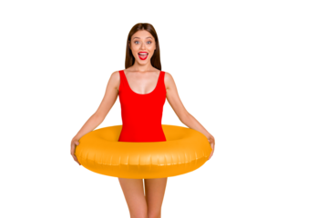 I can't swim! Somebody teach me! Travel tourist breast bra chest people one person concept. Photo portrait of beautiful cheerful glad joyful lady holding green circle waist isolated bright background