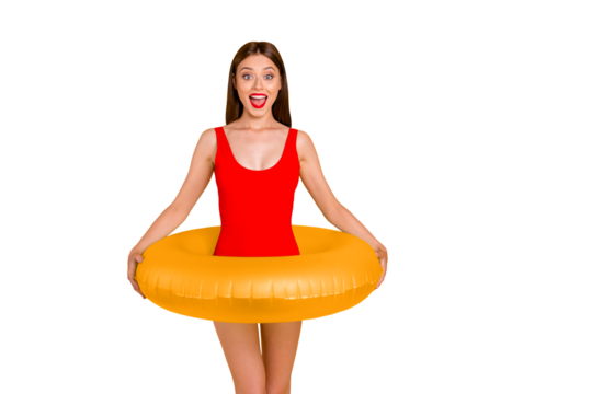 I can't swim! Somebody teach me! Travel tourist breast bra chest people one person concept. Photo portrait of beautiful cheerful glad joyful lady holding green circle waist isolated bright background