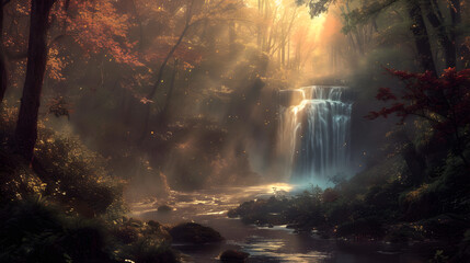 Misty Waterfall in Enchanted Forest with Golden Sunlight