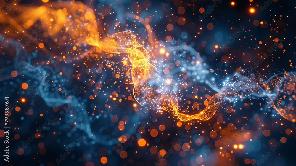 Poster glowing orange and blue particle waves interweaving in dynamic abstract background - vibrant vector 