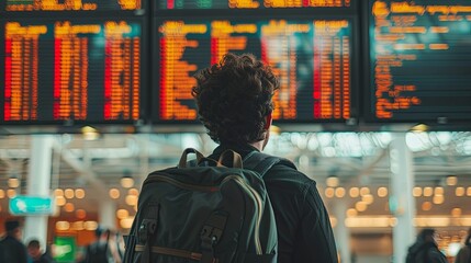 Obraz premium Solo Traveler Contemplating Airport Flight Schedule