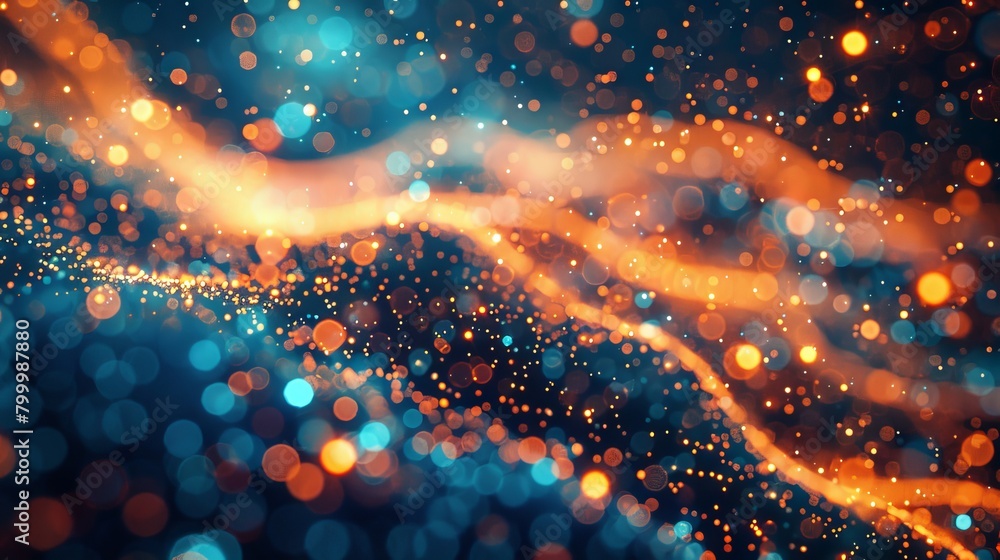Poster glowing orange and blue particle waves interweaving in dynamic abstract background - vibrant vector 