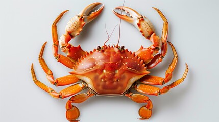 Brightly colored orange crab with detailed texture and sharp claws against a light background.