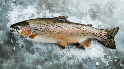 A vibrant rainbow trout lying on a textured surface sprinkled with coarse sea salt.