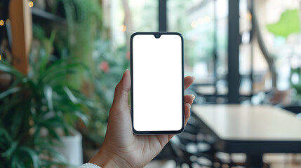 Hand Holding Smartphone with Blank Screen in a Cafe with Natural Background
