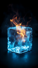A square ice cube with fire inside