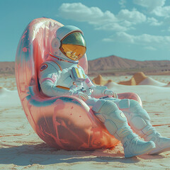 A photo of an astronaut relaxing in the middle of a large peach shaped chair on desert dunes, with pastel blue skies.  - obrazy, fototapety, plakaty