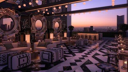 Art Deco-inspired rooftop lounge with geometric patterns, mirrored accents, and skyline views.