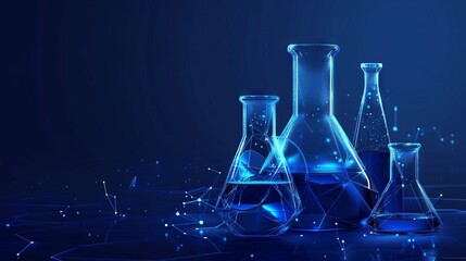 Glowing low polygonal beakers and petri dish creating a futuristic science background on dark blue surface - abstract laboratory concept