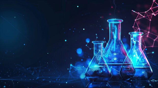 Glowing low polygonal beakers and petri dish creating a futuristic science background on dark blue surface - abstract laboratory concept - Powered by Adobe