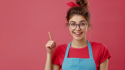 portrait of smiling positive funny casual brunette cartoon girl in glasses wearing blue apron, red...