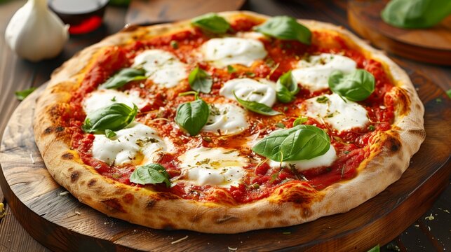 Delicious margherita pizza with fresh basil and mozzarella cheese on a wooden board.