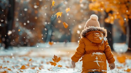 A small child in a yellow jacket enjoying the falling leaves on a snowy day.