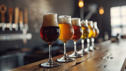 Line of various types of beer in elegant glasses on a bar counter, with taps in the background.
