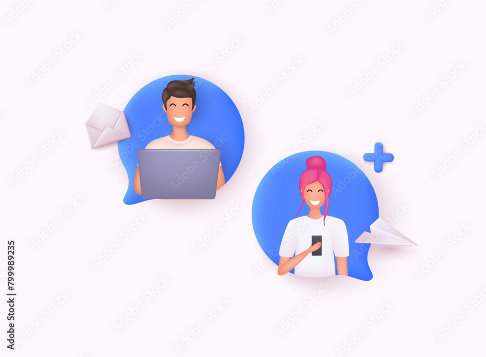 Poster man, woman couple chatting, messaging using chat app or social network. two persons cellphone conver