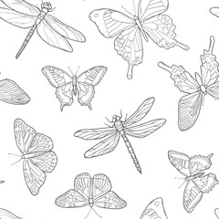 Butterflies and dragonflies seamless pattern. Hand drawn sketched butterflies wallpaper, coloring page, print, packaging, wrapping paper, background design. EPS 10