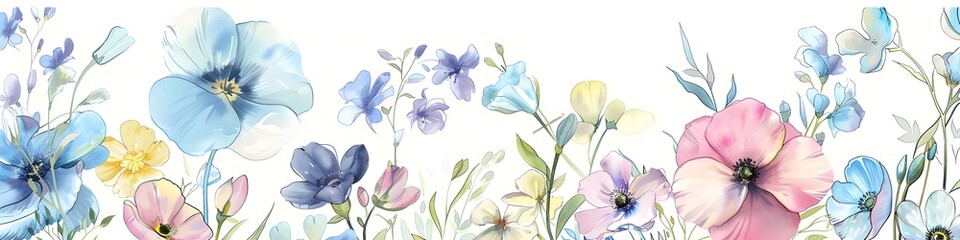 Vibrant Vintage Watercolor Floral Banner with Blooming Spring Flowers
