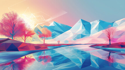 Low-poly landscape with colorful trees and mountains reflecting in a serene water body.