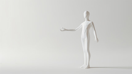 White humanoid figure in a presenting posture, minimalistic design.