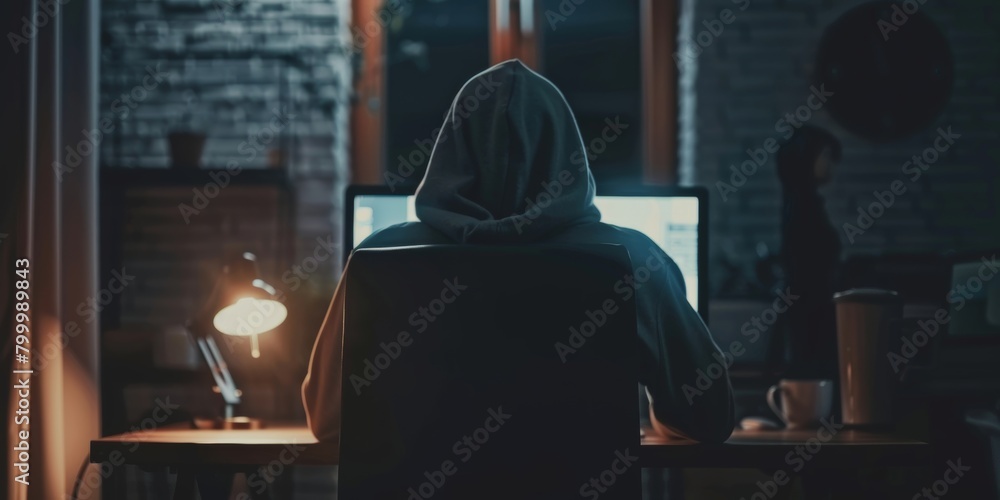 Poster an anonymous figure in a hoodie engaged in secretive work on a computer in a dimly lit room.