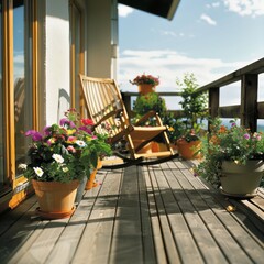 Peaceful balcony setting with wooden decking and vibrant flower pots