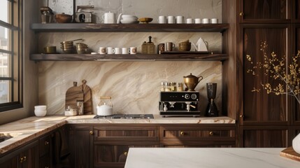 Elegant kitchen with dark wooden cabinets and modern appliances