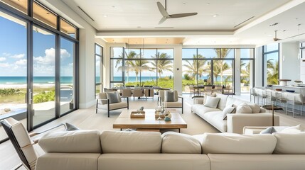 Coastal contemporary beachfront villa with floor-to-ceiling windows, neutral tones, and...