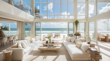 Coastal contemporary beachfront villa with floor-to-ceiling windows, neutral tones, and beach-inspired decor.