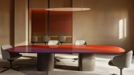 Elegant modern meeting room with vibrant oval table and minimalist design