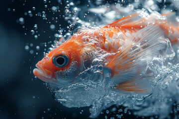 fish swimming in water with lots of air bubbles - obrazy, fototapety, plakaty