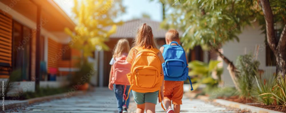 Wall mural group of children going with backpacks for studying. back to school concept.