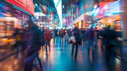 Blurry image of a bustling city street at night with vibrant neon lights and active pedestrians.