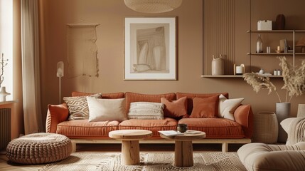 Elegant living room in soft minimalism style featuring warm earth tones and modern furniture