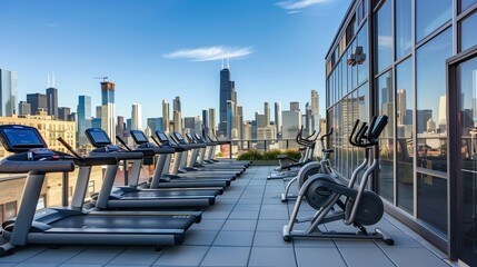Contemporary urban rooftop gym with state-of-the-art equipment, skyline views, and fitness classes.