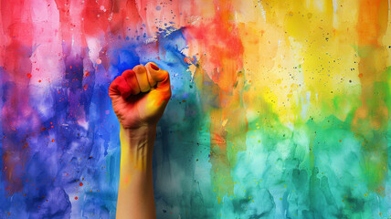A woman's raised fist on painted rainbow flag watercolor style background