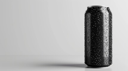 Black soda can with water drops on white background.