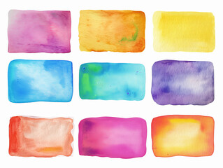 Nine watercolor rectangles in bright colors.