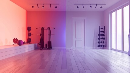 Modern minimalist home gym with fitness equipment and natural light