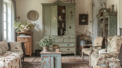French country charm featuring rustic furniture, floral prints, and distressed finishes.