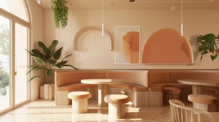Stylish boutique coffee shop interior with modern, minimalist decor and lush green plants