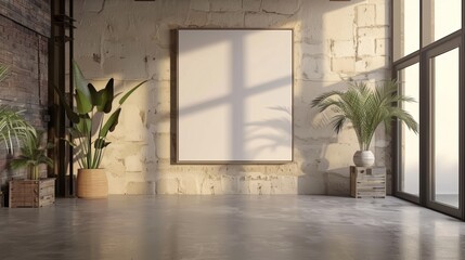 Modern living room interior with empty poster on wall, concrete floor, plants and window. Mock up,