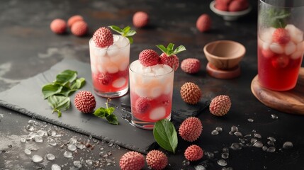 Elegant summer drinks with lychees and raspberries in glasses, served on a dark textured table with...