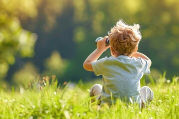 Fototapeta premium Little boy looking through binoculars in the park. Kid exploring nature