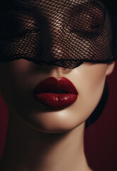 A closeup of the face of a woman with red lipstick and a black mesh veil over her eyes in a high contrast, luxurious style against a burgundy background, focusing on her lips and eye makeup